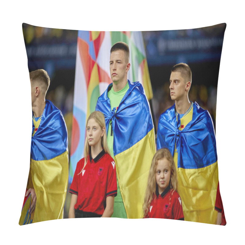 Personality  PRAGUE, CZECH REPUBLIC - 7 SEPTEMBER, 2024: Mykola Matviyenko, Anatoliy Trubin, Vitaliy Mykolenko, The Match Of UEFA Nations League Ukraine - Albania At Epet Arena Pillow Covers