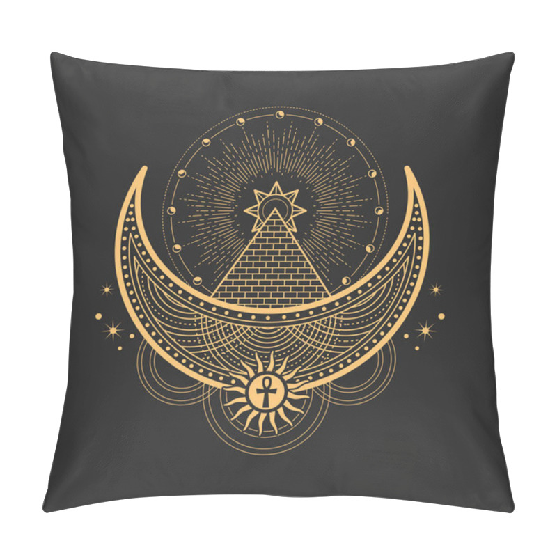 Personality  Crescent And Moon Esoteric Occult Symbols, Magic Tarot Sign. Vector Sacred Religion Mystic Emblem Masonry Pyramid, Egypt Ankh, Star And Sun. Occultism, Alchemy, Wicca And Astrology Symbolic Pillow Covers