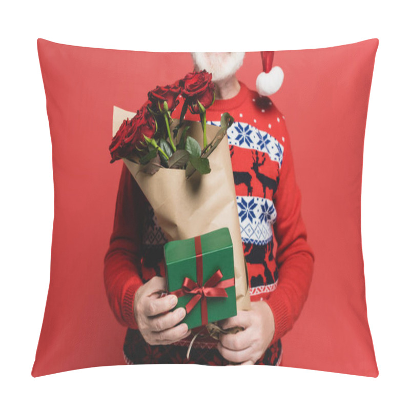 Personality  Cropped View Of Smiling Senior Man In Santa Hat Holding Gift Box And Bouquet Of Roses Isolated On Red  Pillow Covers