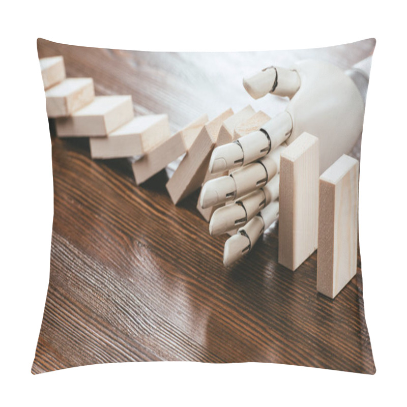 Personality  Robotic Hand Preventing Wooden Blocks From Falling On Desk With Copy Space Pillow Covers