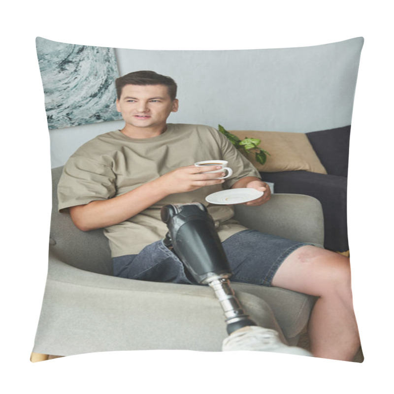 Personality  Young Man Enjoys A Coffee And Snack In A Cozy Living Area With A Prosthetic Leg. Pillow Covers