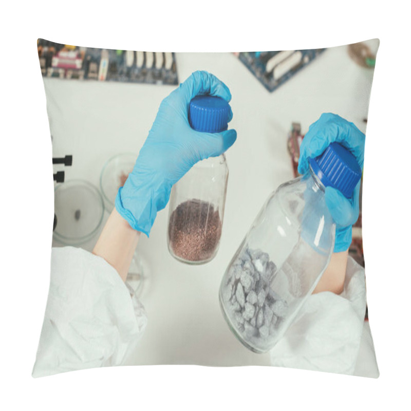 Personality  Partial View Of Engineer Holding Jars With Gravel Near Computer Motherboards Pillow Covers