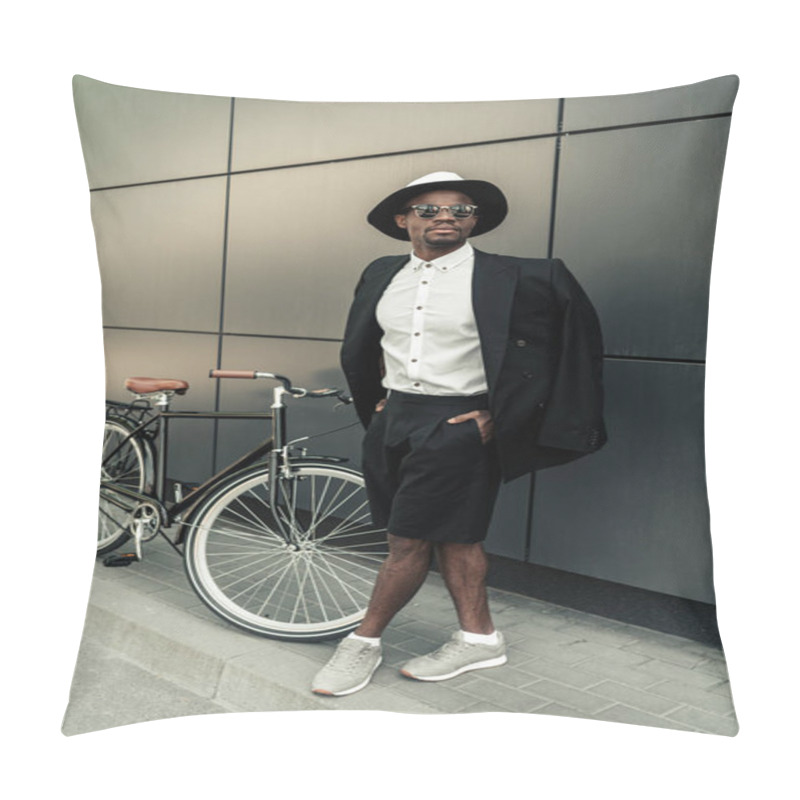 Personality  Handsome Young African American Man Posing By His Bicycle Pillow Covers