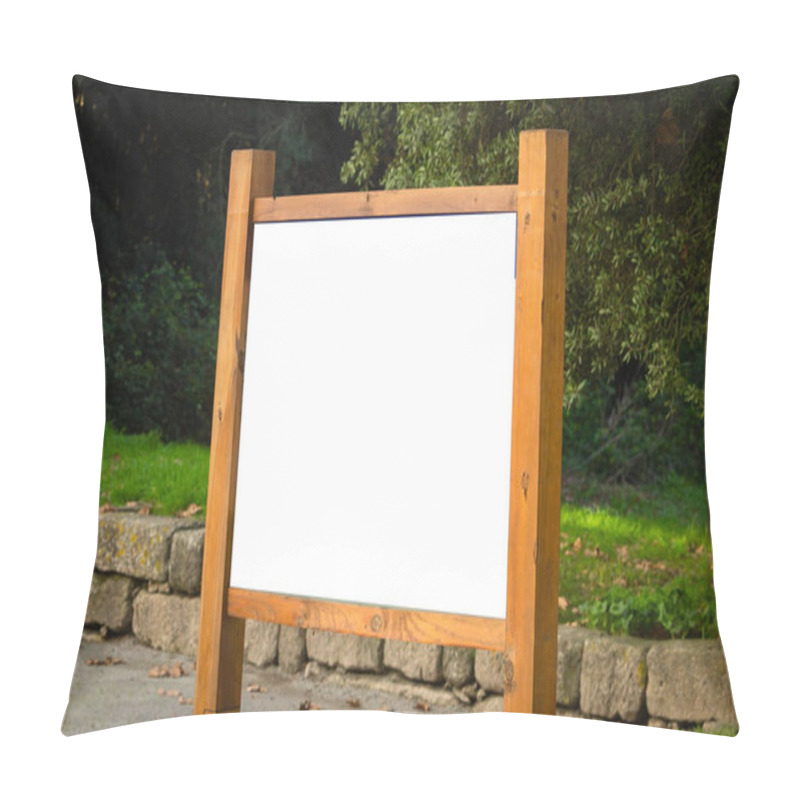 Personality  Side View Of A Wooden Advertisement Mockup At A Green Forest Park. Park Indications. Pillow Covers