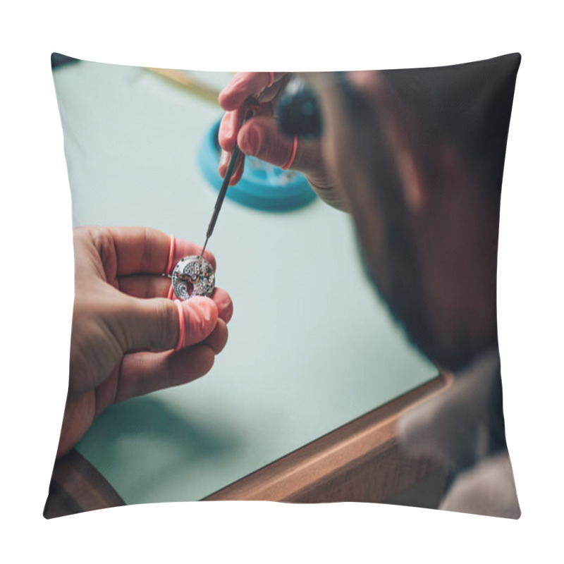 Personality  Selective Focus Of Watchmaker Setting Detail With Screwdriver At Table Pillow Covers