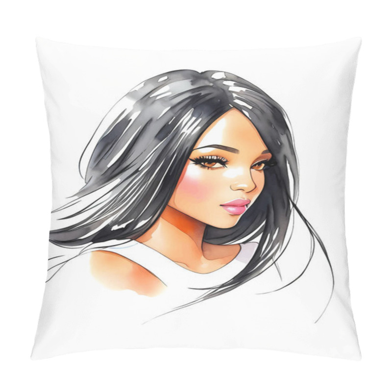 Personality  Watercolor Beauty African Woman. Painting Fashion Illustration. Hand Drawn Portrait Of Pretty Girl On White Background Pillow Covers