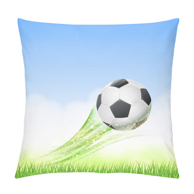 Personality  Football Theme Illustration With Flying Soccer Ball Over Green Pillow Covers