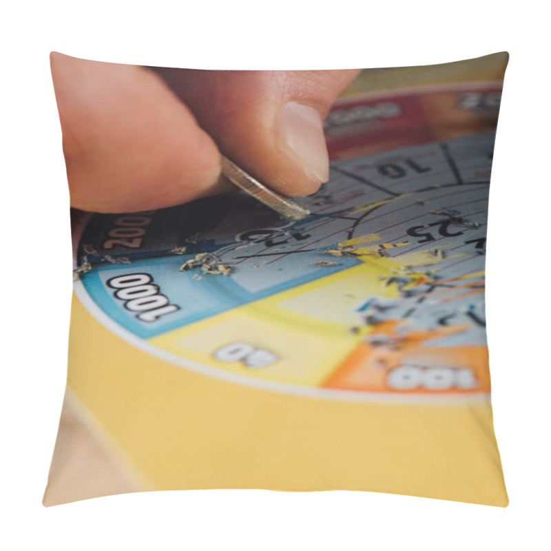 Personality  Partial View Of Gambler Scratching Lottery Ticket With Silver Coin Pillow Covers