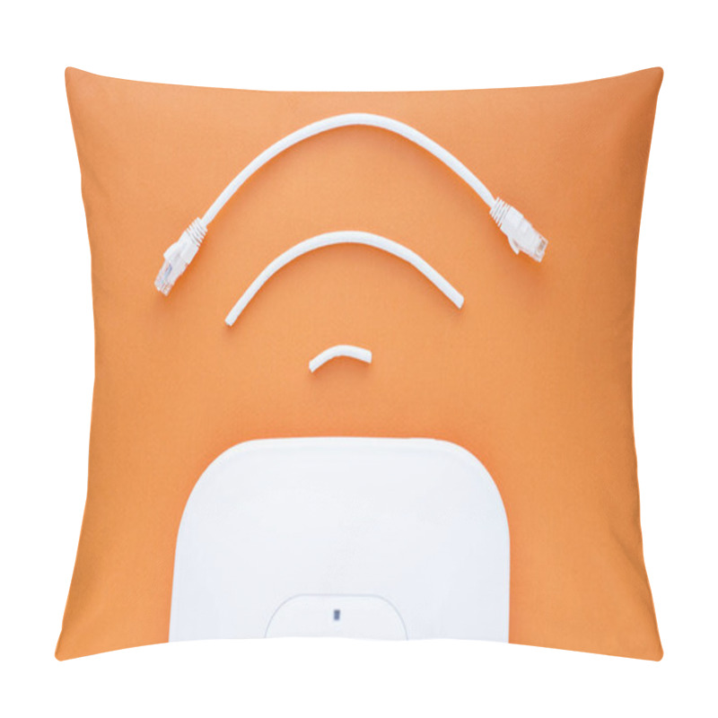 Personality  Corporate Network Concept. Wireless(wi-fi) Icon. Access Points (APs) On The Orange Background. Top View. Space For A Text. Close Up. Pillow Covers