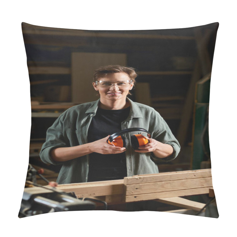 Personality  A Skilled Carpenter Stands Confidently In Her Workshop, Ready To Work With Wood And Tools. Pillow Covers