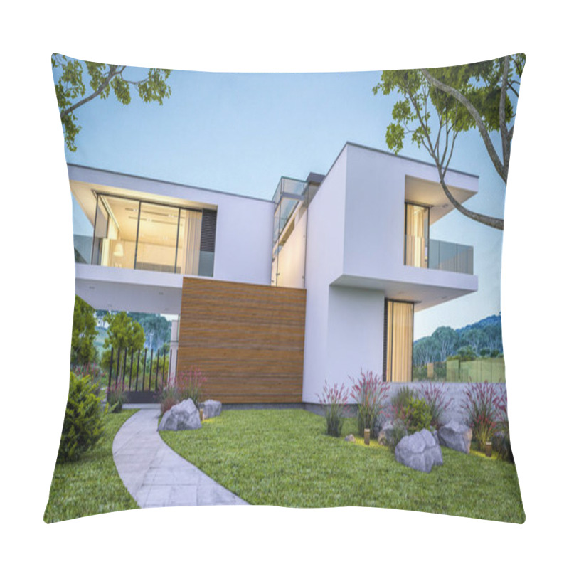 Personality  3d Rendering Of Modern Cozy House By The River With Garage For Sale Or Rent With Beautiful Mountains On Background. Clear Summer Evening With Blue Sky. Cozy Warm Light From Window. Pillow Covers