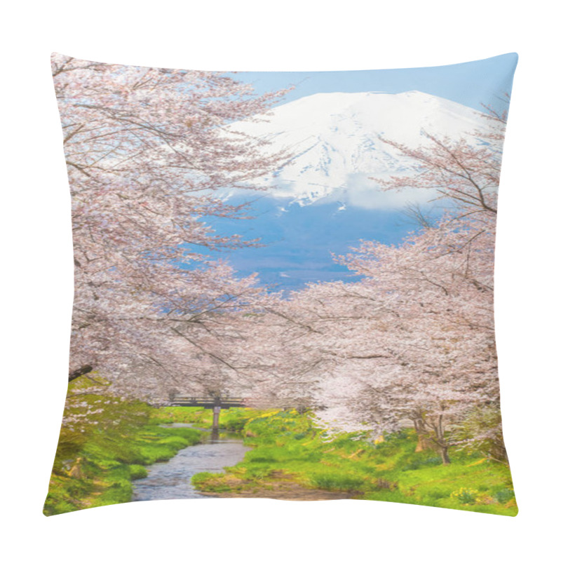 Personality  Sakura Blossom Trees And Mountain Fuji In Spring Season Pillow Covers