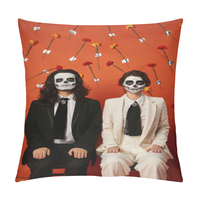 Personality  Scary Dia De Los Muertos Couple Sitting On Chairs And Looking At Camera On Red Floral Backdrop Pillow Covers