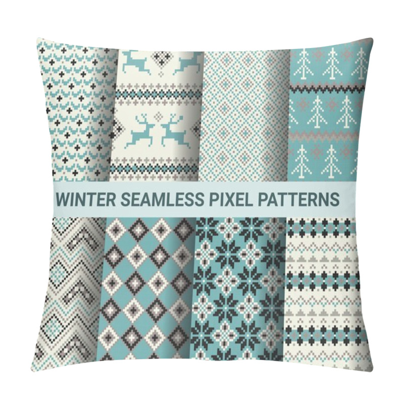 Personality  Collection Of Pixel Retro Seamless Patterns With Stylized Winter Nordic Ornament. Vector Illustration. Pillow Covers