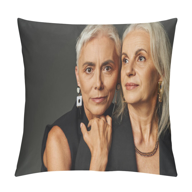 Personality  Mature Model In Black Stylish Clothes Embracing Shoulders Of Female Friend On Grey Backdrop Pillow Covers