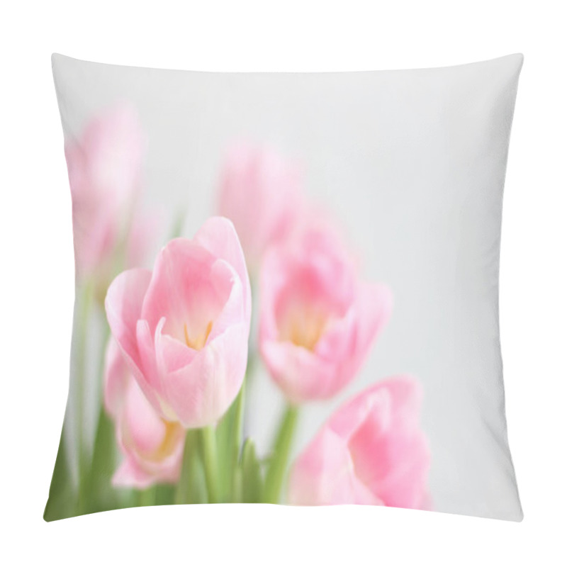 Personality  Bouquet Of Pale Pink Tulips On White Background. Valentine's Day, International Women's Day Flower Gift.  Valentine's Day Backdrop. Art Design With Flowers. Pillow Covers