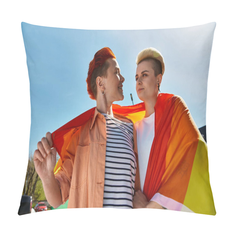 Personality  A Young Lesbian Couple Proudly Stand Together Outdoors With A Rainbow Flag, Symbolizing Love And Pride. Pillow Covers