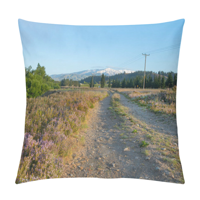 Personality  Rough Dirt Tracks Or Road Bordered By Wild Thyme Flower Leads Towards Distant Southern Alps Pillow Covers