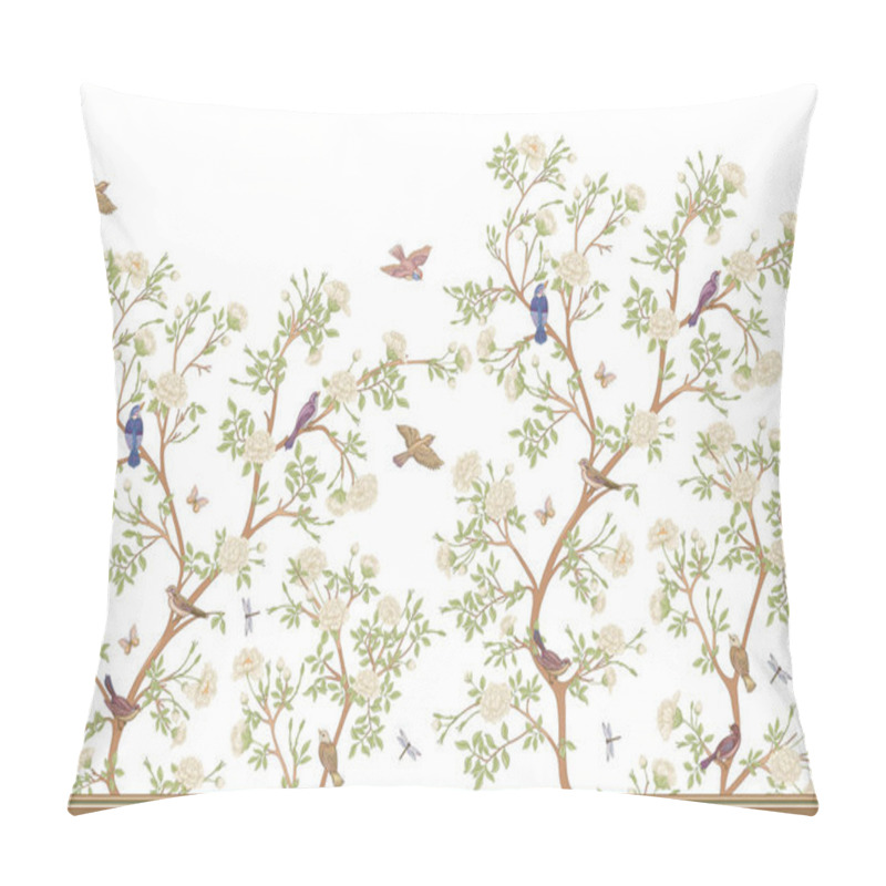 Personality  Camellia Blossom Tree With Sparrow, Finches, Butterflies, Dragonflies Pillow Covers