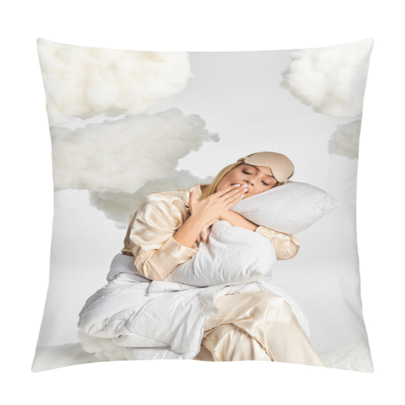 Personality  A Dreamy Blonde Woman In Cozy Pajamas Sits Peacefully Atop Fluffy Clouds. Pillow Covers