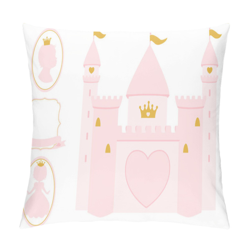 Personality  Light Rosy Pink And Gold Princess Castle Illustration For Decoration Invitation Card. Happy Birthday Backdrop Banner. Party Celebration. Printable Baby Shower Photo Frame. Girl Silhouette. Text Place Pillow Covers