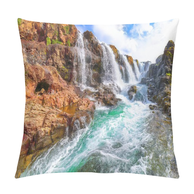 Personality  Captivating View Of  Kolufossar Waterfall At Summer Sunny Day.  Popular Tourist Travel Destination In Iceland . Location: Kolufossar Waterfall, Vestur-Hunavatnssysla, Iceland, Europe Pillow Covers