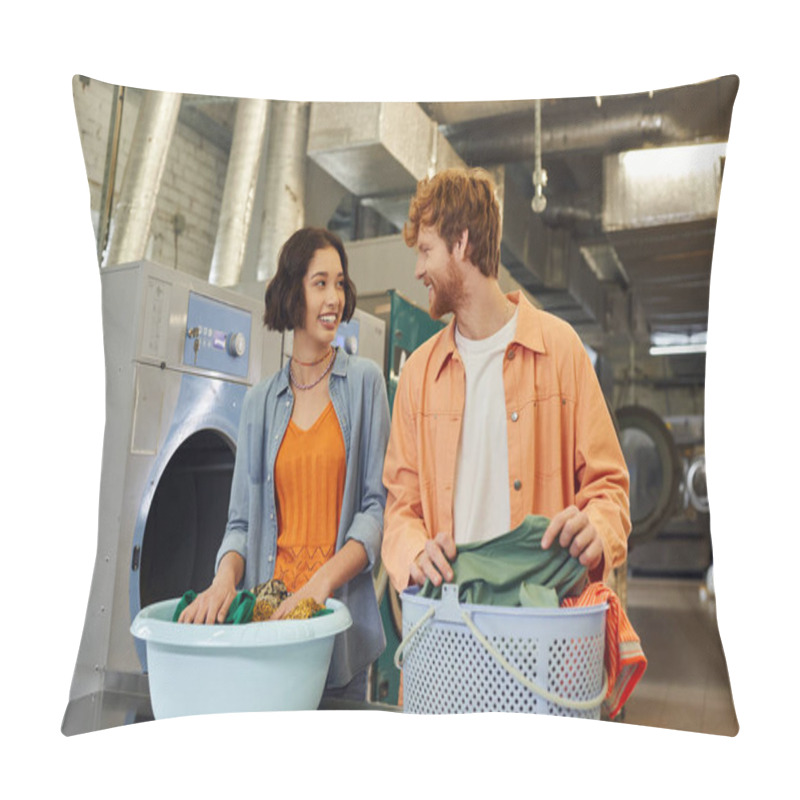 Personality  Laughing Interracial Couple Talking Near Clothes In Basins In Public Laundry On Background Pillow Covers