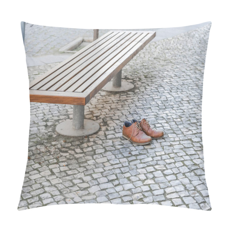 Personality  Brown Leather Shoes On A Cobblestone Pavement Next To A Bench In An Urban Setting. Pillow Covers