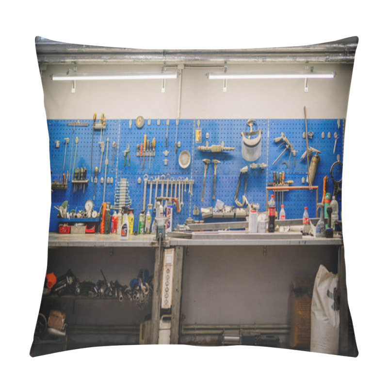 Personality  Valmiera, Latvia - November 18, 2024 - A Well-organized Workshop Tool Wall With A Blue Pegboard Holding Various Tools, Equipment, And Supplies, Accompanied By A Workbench Below. Pillow Covers