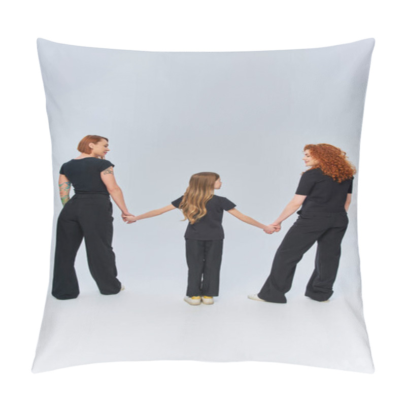 Personality  Female Generations, Happy Redhead Family Holding Hands And Standing In Matching Attire On Grey Pillow Covers