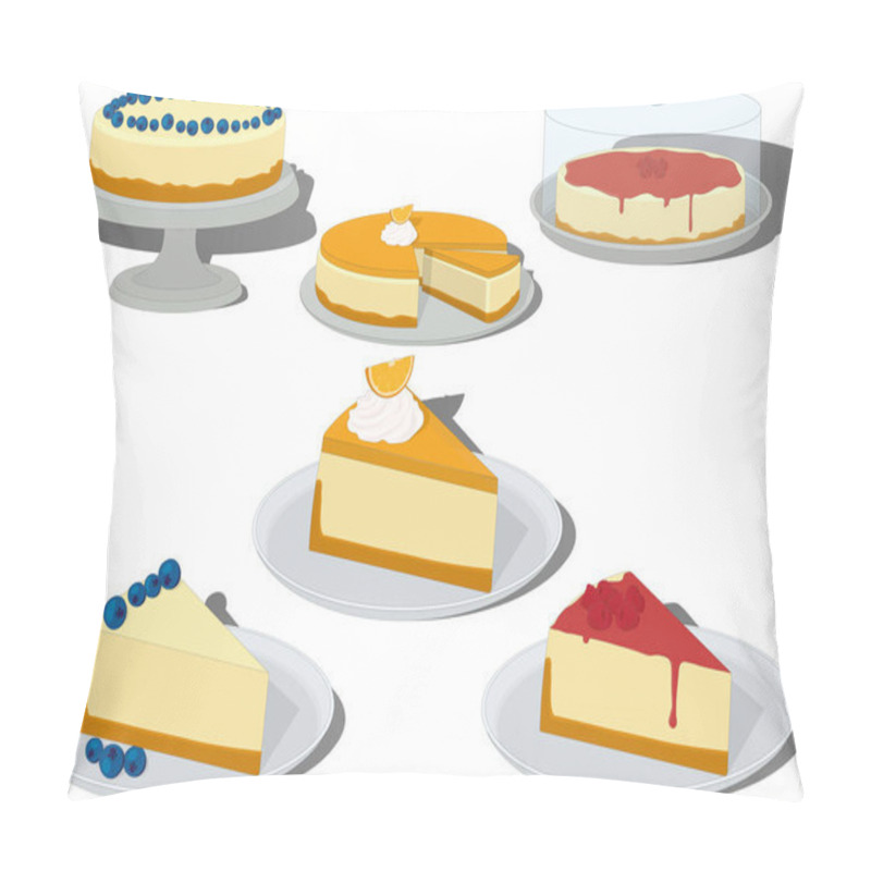 Personality  Fruit And Berry Whole Cheesecakes And Pieces On Plates Vector Illustration Pillow Covers