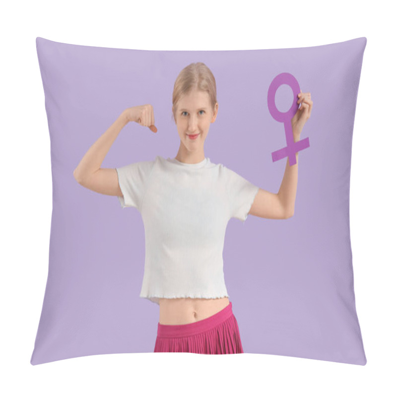 Personality  Young Woman With Gender Symbol On Lilac Background Pillow Covers