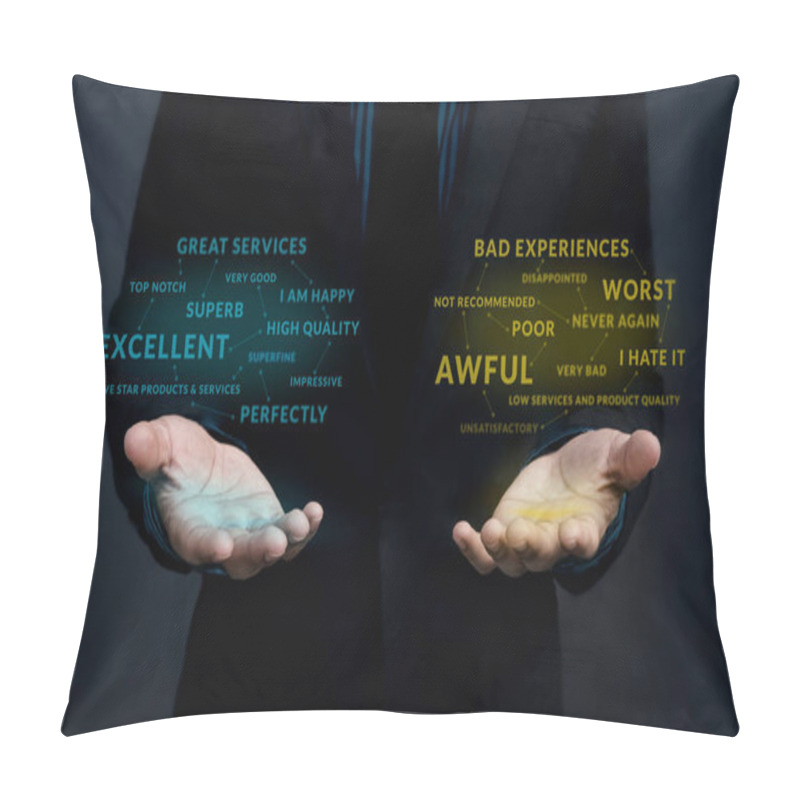 Personality  Customer Experience Strategy Concept. Positive And Negative Online Review Floating Over Businessman's Hands To Measurement And Analysis Pillow Covers