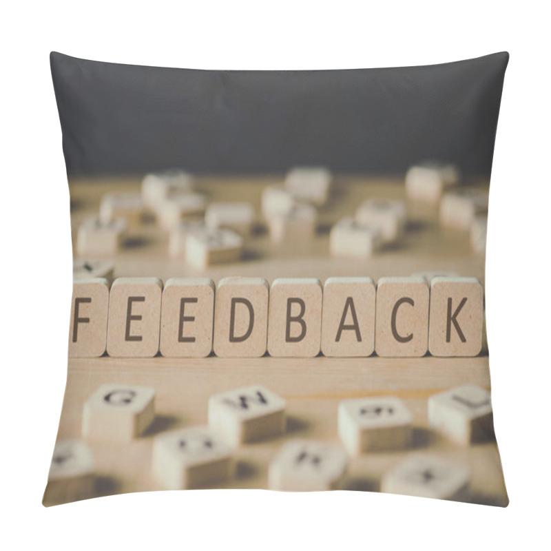 Personality  Selective Focus Of Feedback Inscription On Cubes Surrounded By Blocks With Letters On Wooden Surface Isolated On Black Pillow Covers