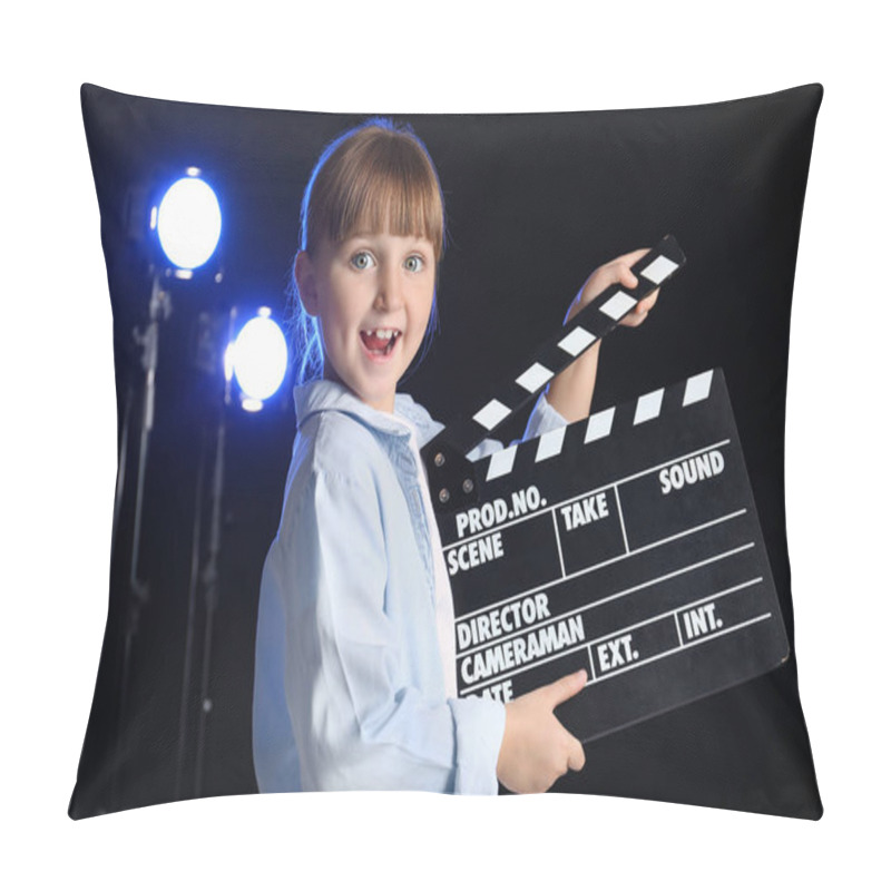 Personality  Little Girl With Movie Clapper On Dark Background Pillow Covers