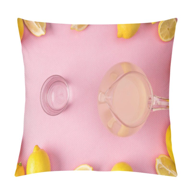 Personality  Top View Of Glass And Jug With Fresh Juice On Pink Background With Lemons Pillow Covers