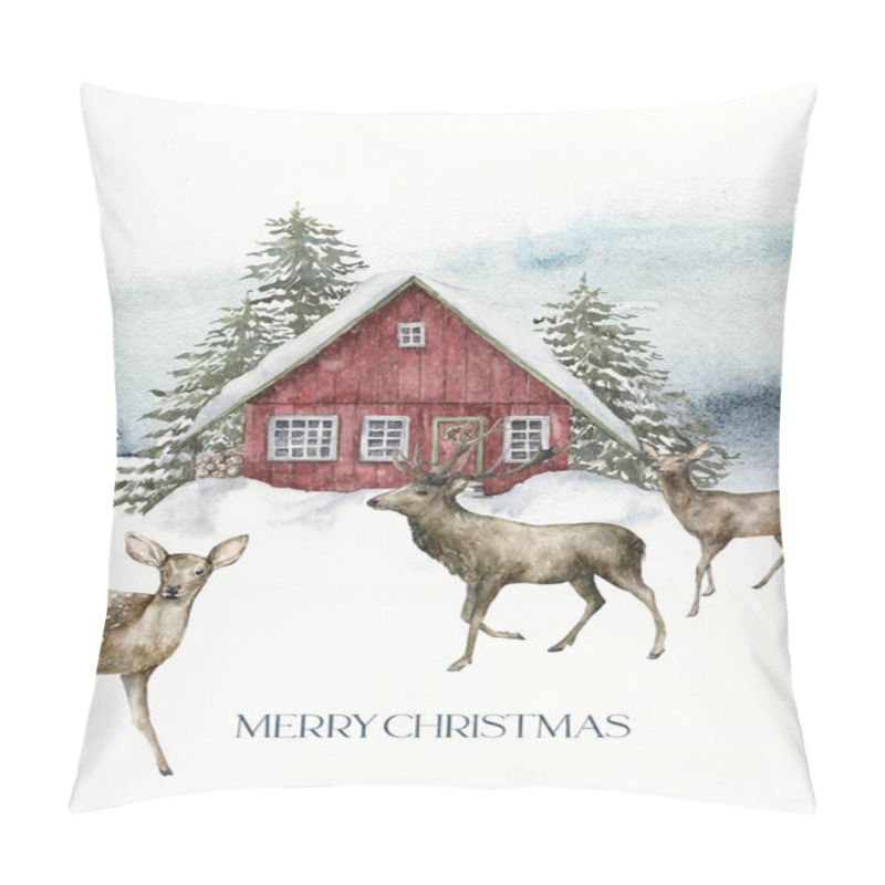 Personality  Watercolor Christmas Card Of Red House And Deers In Winter Forest. Hand Painted Illustration With Fir Trees And Snow Isolated On White Background. Holiday Card For Design, Print, Fabric, Background. Pillow Covers