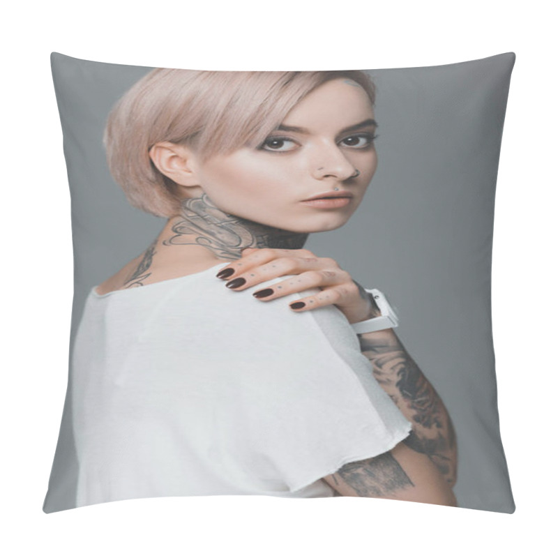 Personality  Portrait Of Beautiful Tattooed Girl In White T-shirt Looking At Camera Isolated On Grey Pillow Covers