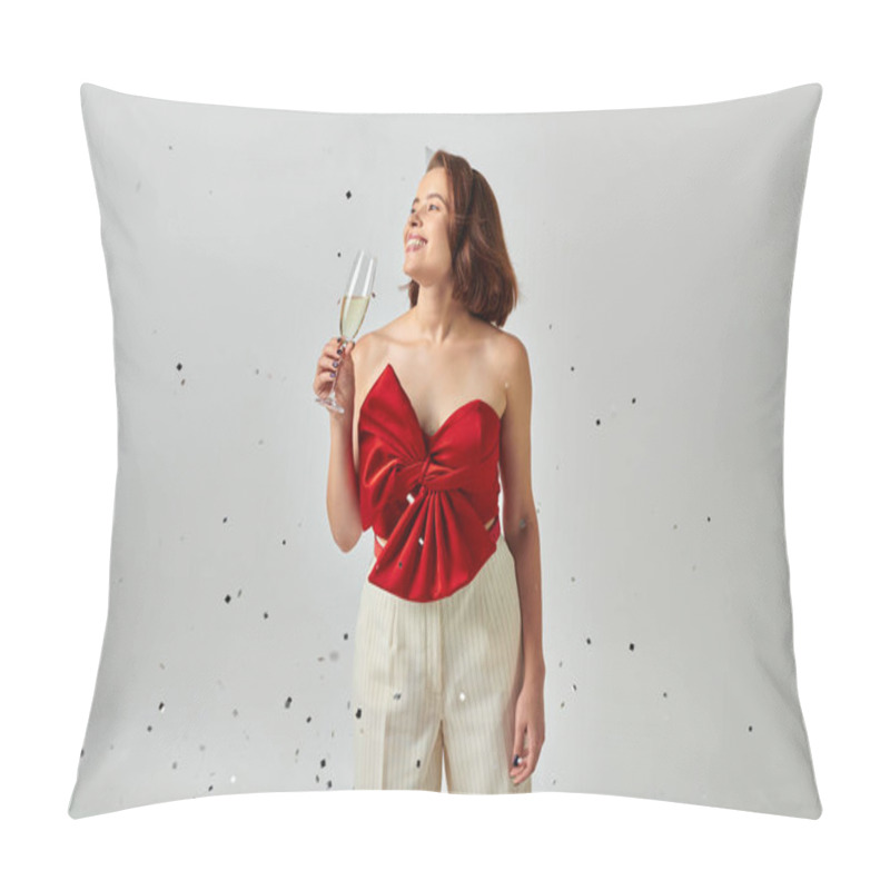 Personality  Happy New Year, Cheerful Woman In Party Attire Holding Glass Of Champagne Near Confetti On Grey Pillow Covers