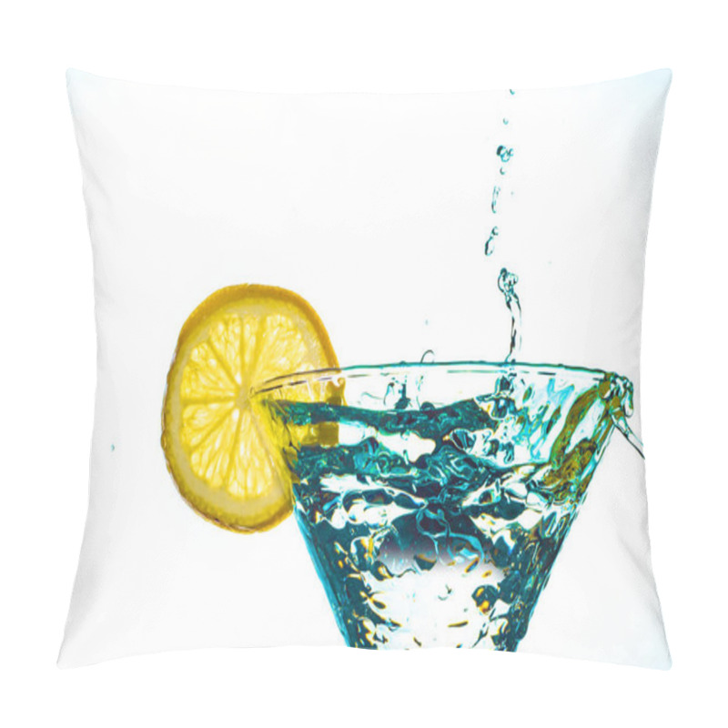 Personality  Blue Cocktail Water Drink Splash In The Glass With Lemon Isolated On White Background Pillow Covers