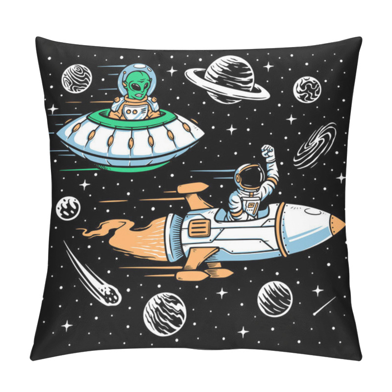 Personality  Astronaut And Alien Race Illustration Pillow Covers