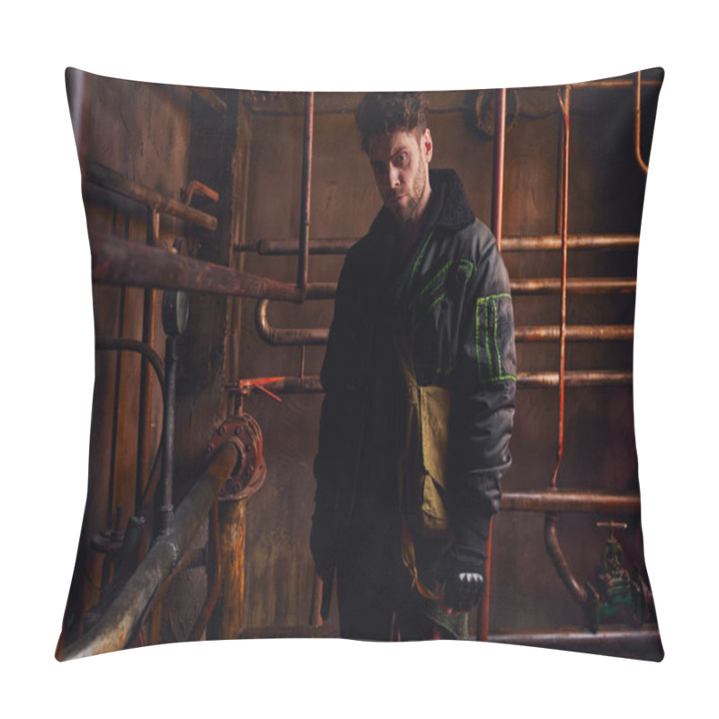 Personality  Hopeless Man In Dirty Clothes Near Rusty Pipelines In Underground Tunnel, Post-apocalyptic Concept Pillow Covers