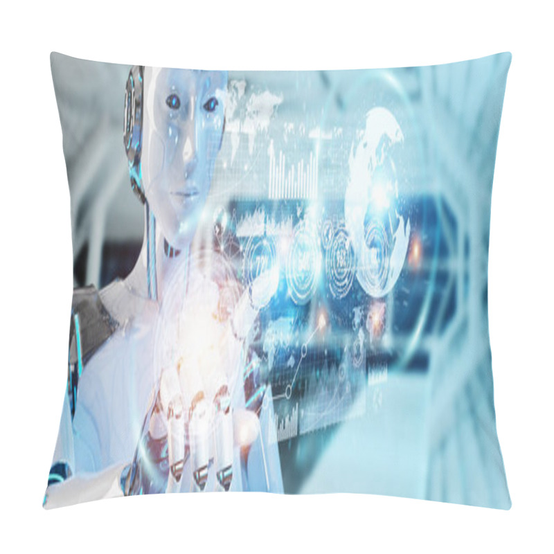 Personality  White Woman Cyborg On Blurred Background Using Digital Datas Interface 3D Rendering Pillow Covers