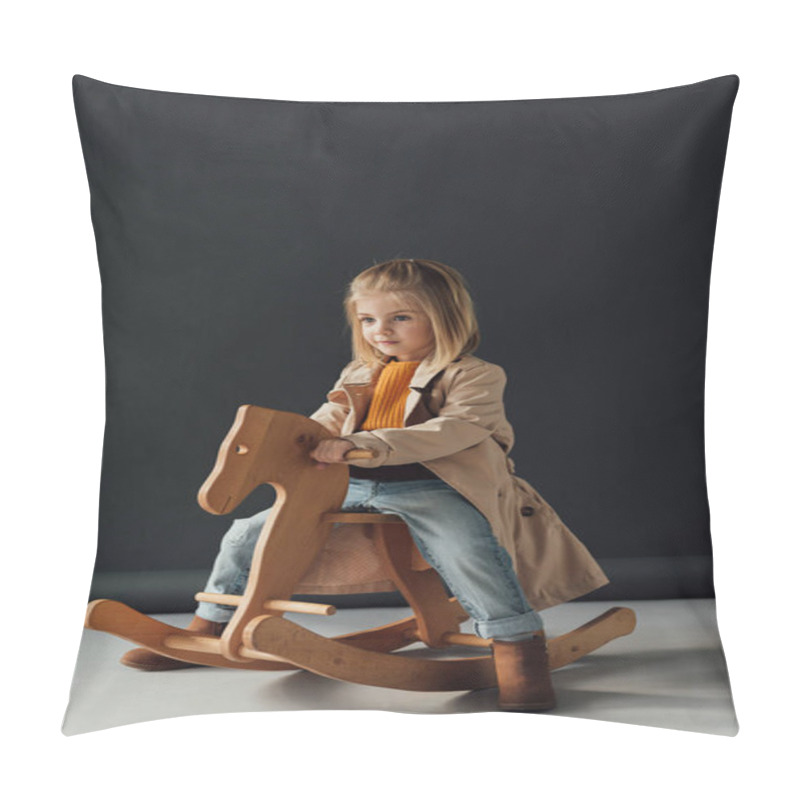 Personality   Child In Trench Coat And Jeans Sitting On Rocking Horse On Black Background Pillow Covers