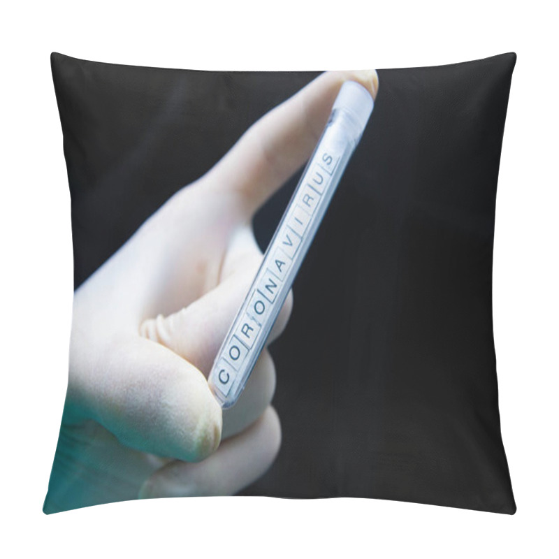 Personality  Hand In Glove Holding Medical Test Tube With Blood Positive On Covid19 , Pandemic Concept Of Prevention Of Contamination Coronavirus  Pillow Covers