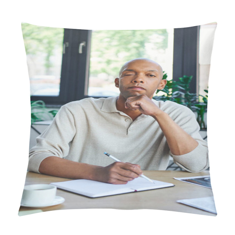 Personality  Professional Headshots, Man With Ptosis Taking Notes, Bold African American Businessman Looking At Camera, Dark Skinned Office Worker With Myasthenia Gravis Disease, Diversity And Inclusion  Pillow Covers