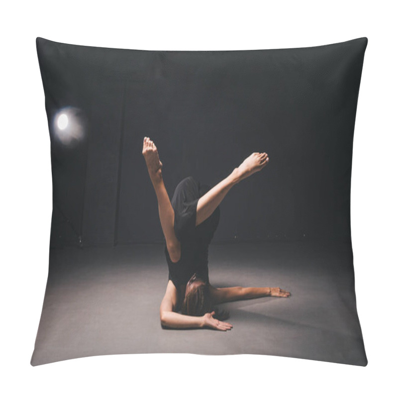 Personality  Portrait Of A Beautiful Woman Dancing On Black Background. Ballet And Contemporary Dancer Dancing On Dark Backdrop. Contemporary Art. Plastic And Flexible Girl In Black Clothes Posing On A Black Wall. Pillow Covers