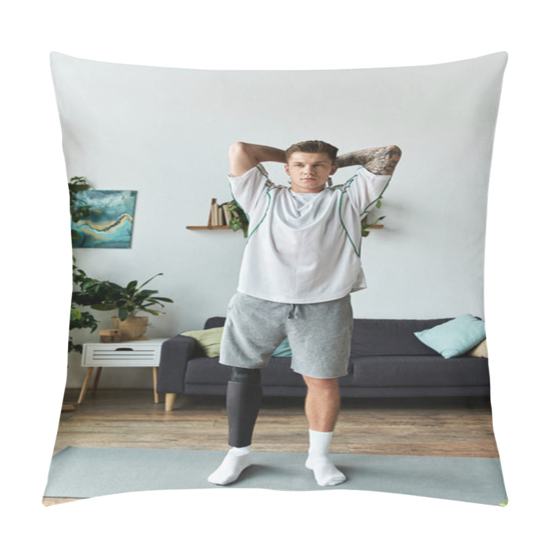 Personality  Stretching Gracefully, A Young Man With A Prosthetic Leg Embraces His Journey At Home. Pillow Covers