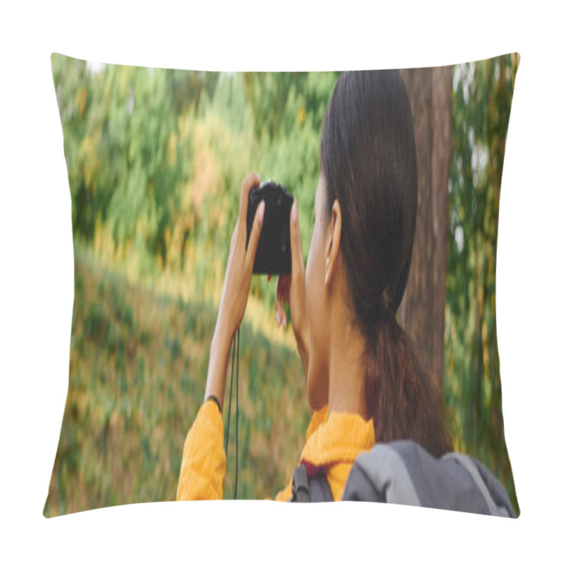 Personality  A Young African American Woman Enjoying A Hike In An Autumn Forest, Capturing The Seasonal Beauty With Her Camera. Pillow Covers