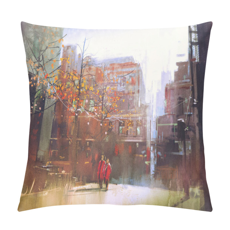 Personality  Couple In Red Walking On Street Of City Pillow Covers